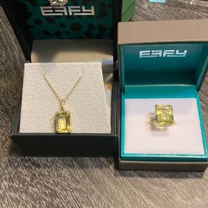 Effy 14k yellow gold lemon quartz diamond ring and matching necklace